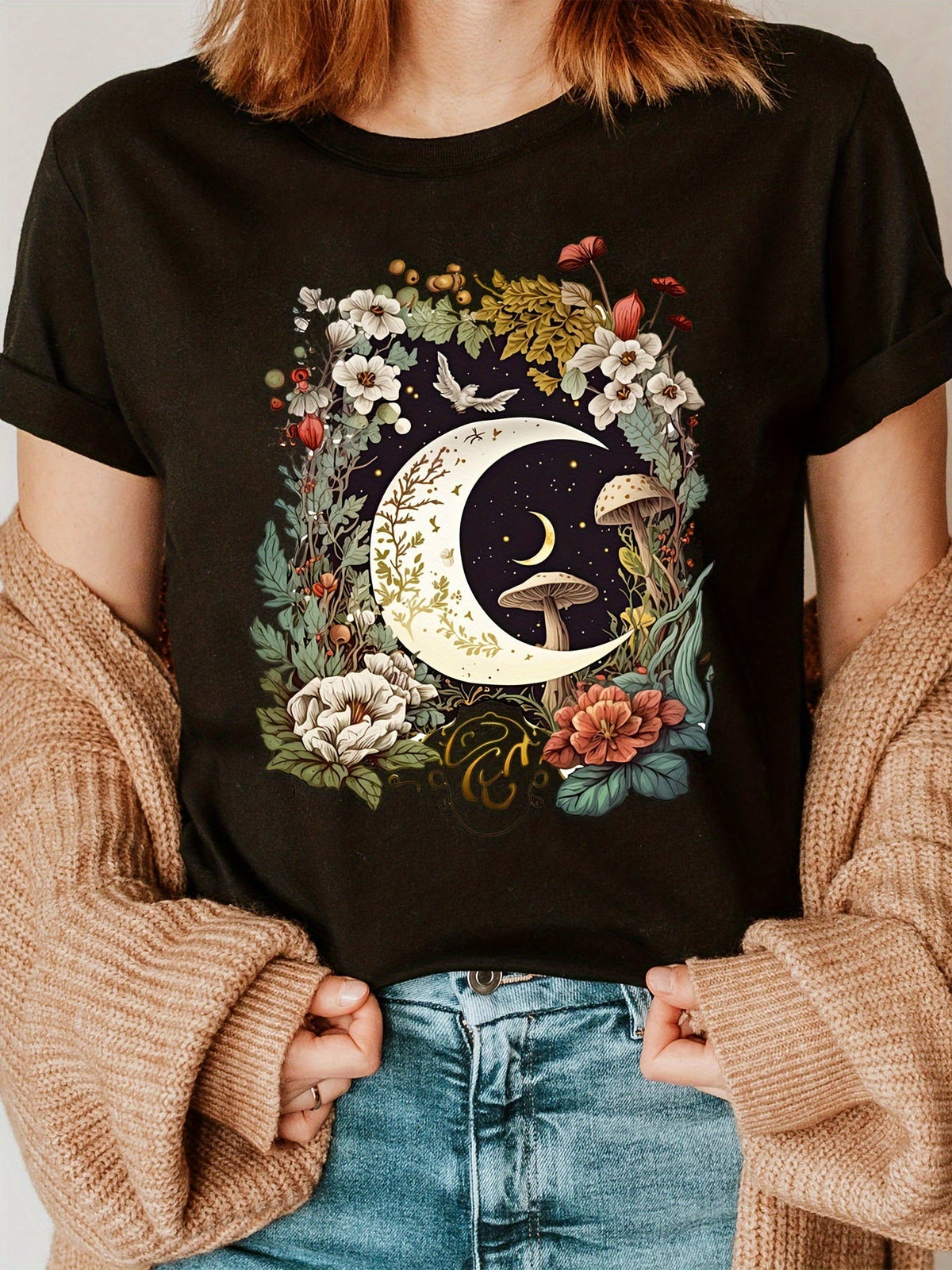 Vintage Floral Moon Mushroom Graphic T-Shirt Cottagecore Wildflower Bird Crescent Moon Short Sleeve Tee