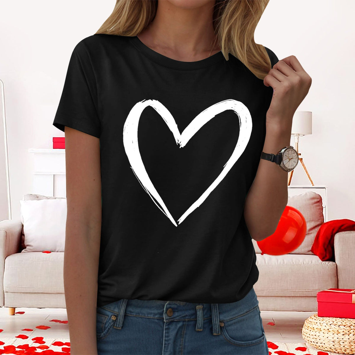 Yindaity Womens Tshirt V-Neck Shirts for Women Cute Love Heart Graphic Valentine's T Shirts Casual Spring Day Tops Tee Blouse(Black,XL)