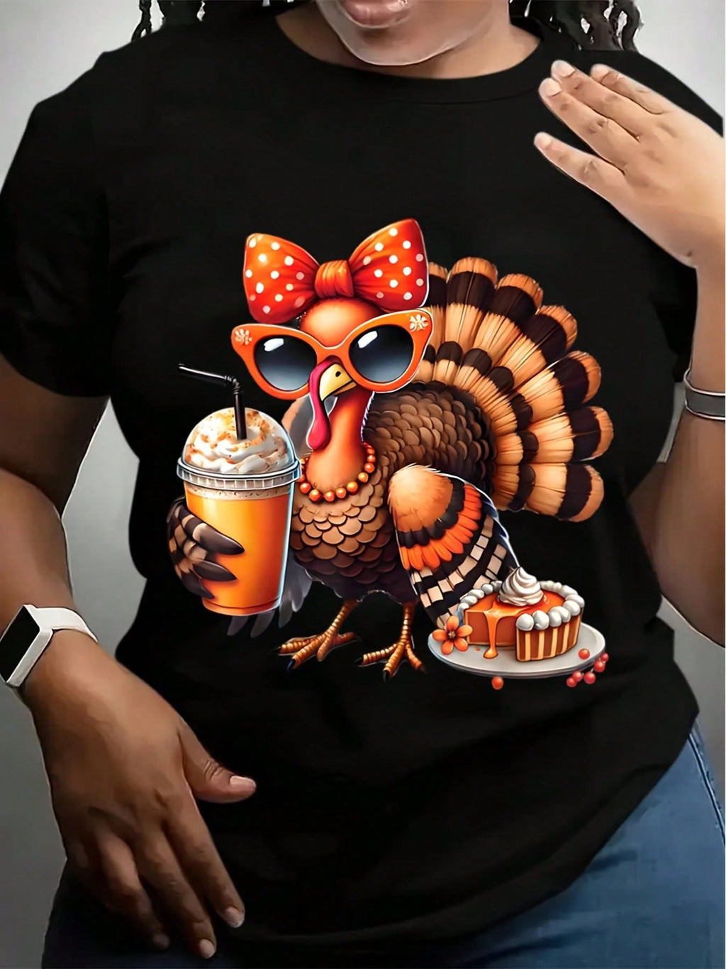 Crew Neck T-Shirt White Thanksgiving Turkey With Sunglasses And Pumpkin Pie Print For Festive Season