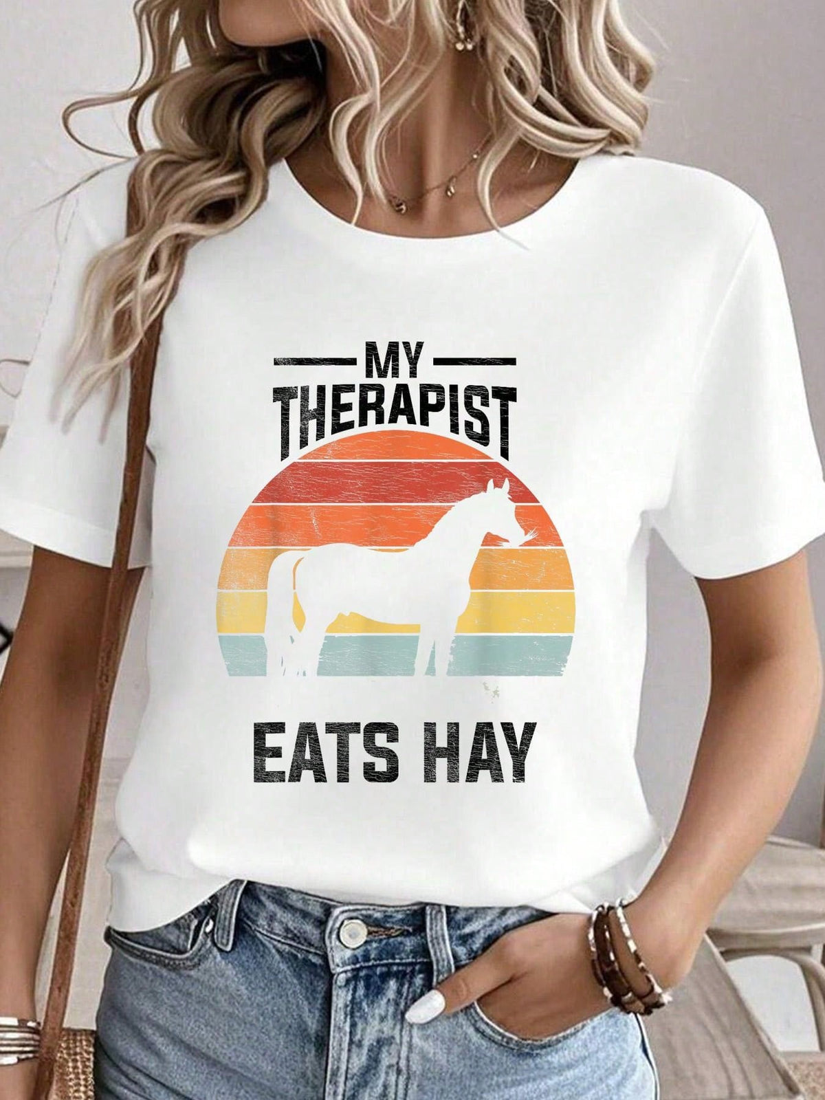 My Therapist Eats Horse Print Cotton White Tee Horse Rider Fan Top