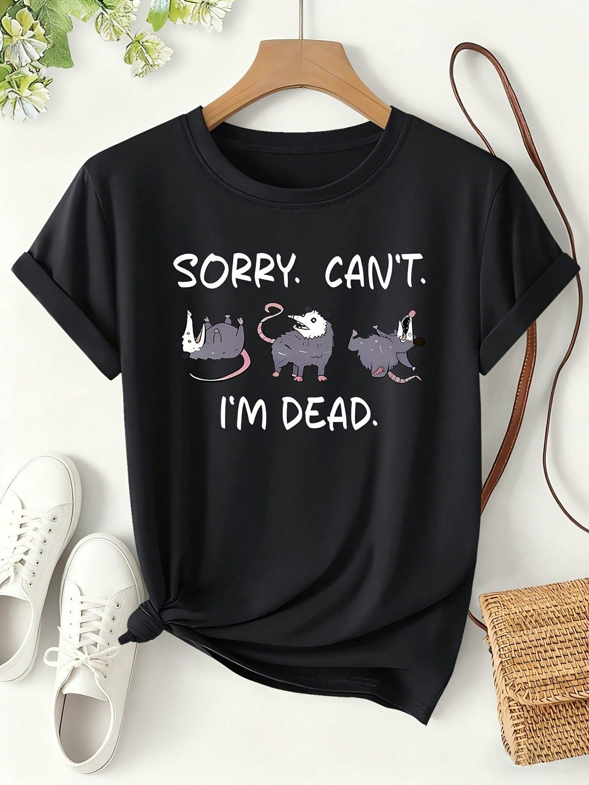 Sorry Cant Im Dead Graphic Crew Neck Tee Opossum Pet Lover Short Sleeve Top