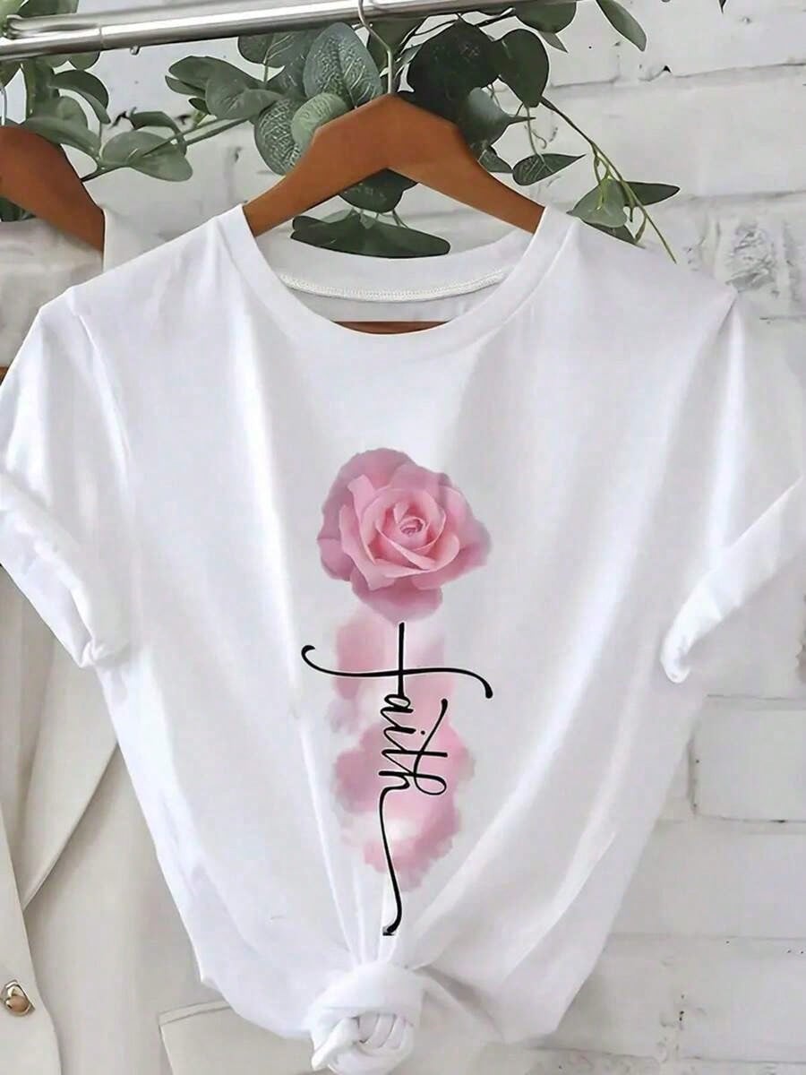 Elegant Casual T-Shirt With Pink Rose & 'Faith' Cursive Print Short Sleeve Round Neck Blouse