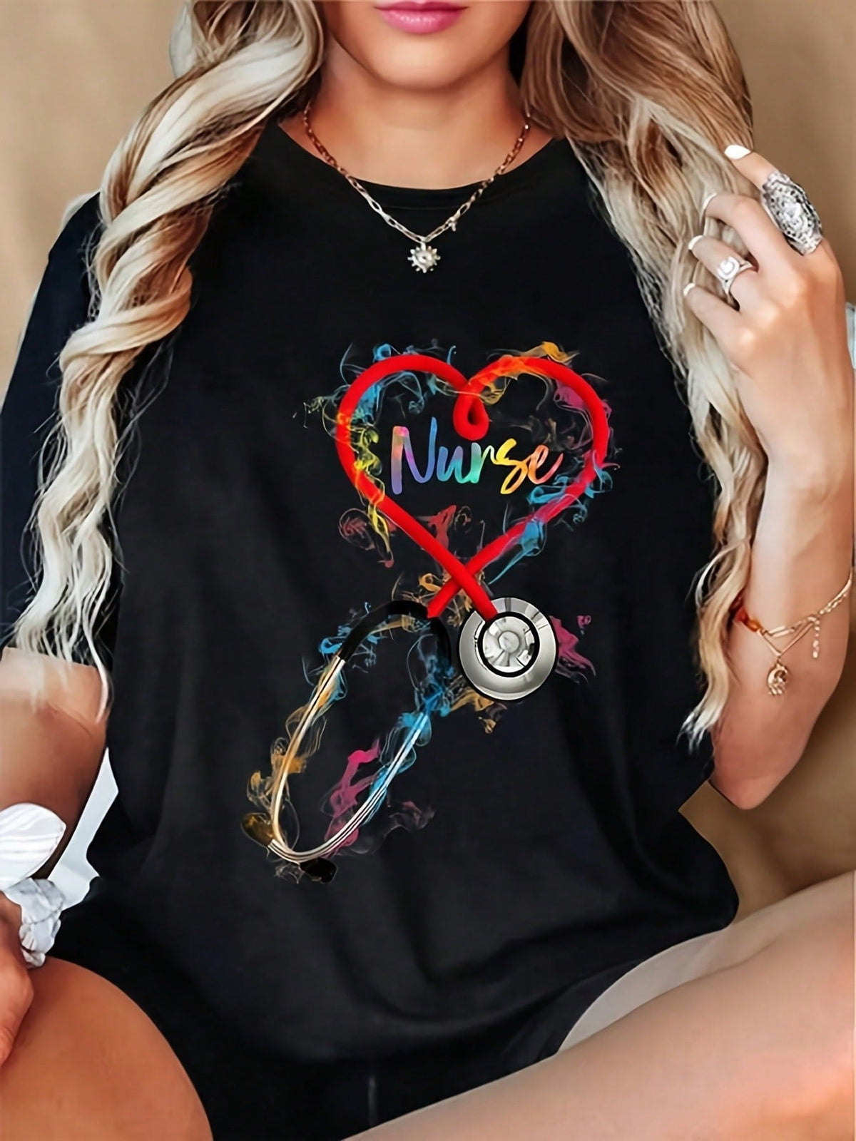Watercolor Nurse Life Print Short Sleeve Tee Nurse Week Crew Neck Top
