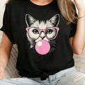 Charming Cat Geometric Graphic Crew Neck Tee Fun Short Sleeve Top