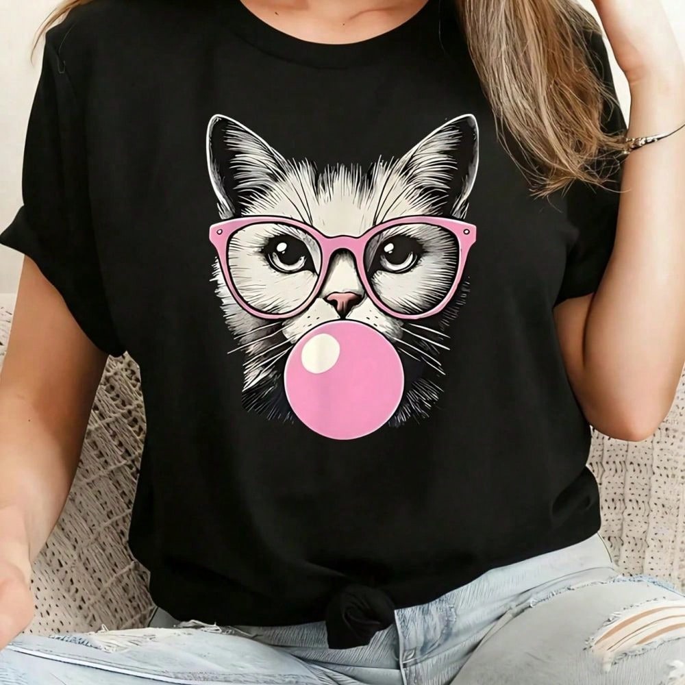 Charming Cat Geometric Graphic Crew Neck Tee Fun Short Sleeve Top