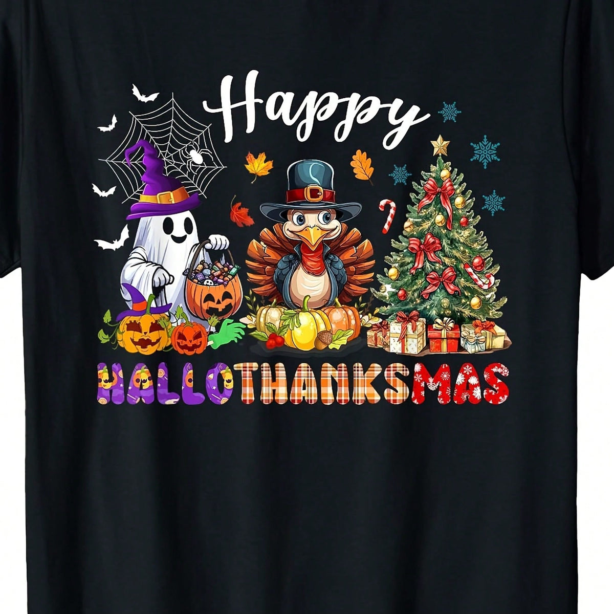 Women's Happy Halloween And Thanksgiving T-Shirt, Breathable, Casual, Suitable As A Gift For Colleagues And For Holiday Parties.