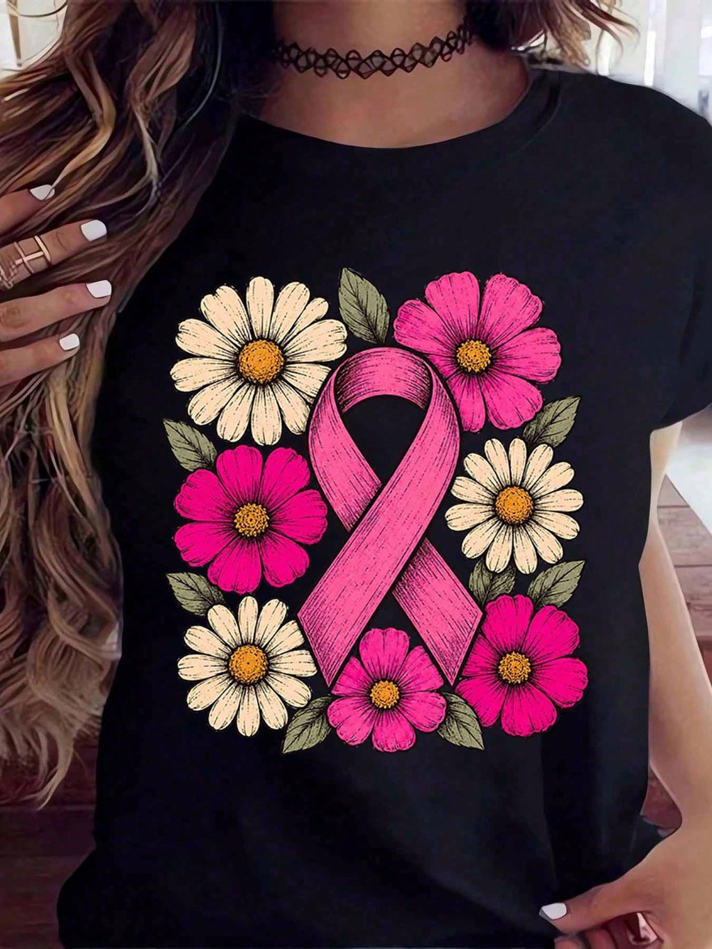 Pink Ribbon Daisy Print Short Sleeve Tee Breast Cancer Awareness Crew Neck Top