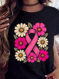 Pink Ribbon Daisy Print Short Sleeve Tee Breast Cancer Awareness Crew Neck Top