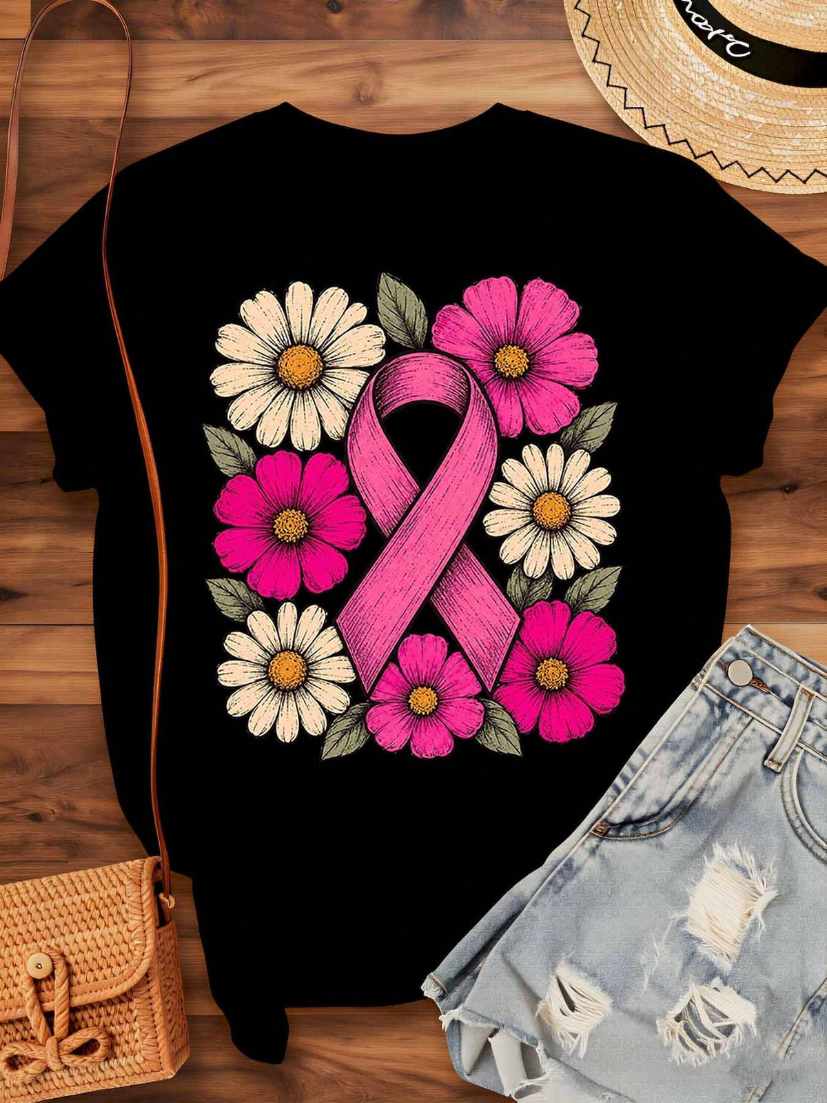 Pink Ribbon Daisy Print Short Sleeve Tee Breast Cancer Awareness Crew Neck Top