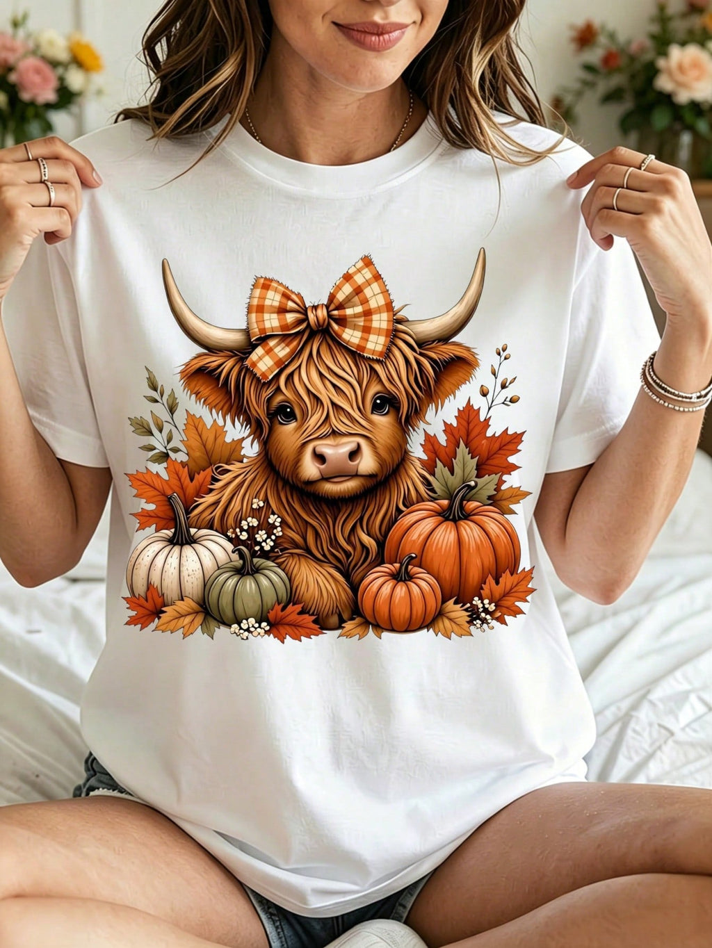Highland Cow With Bow And Pumpkins, Autumn Season, Girlfriend, Thanksgiving, Farmhouse Decor