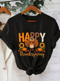 Thanksgiving Turkey Sunflower Pumpkin Print Women Crew Neck T-Shirt, Comfy Short Sleeve Fall Holiday Daily Casual Outfit Top
