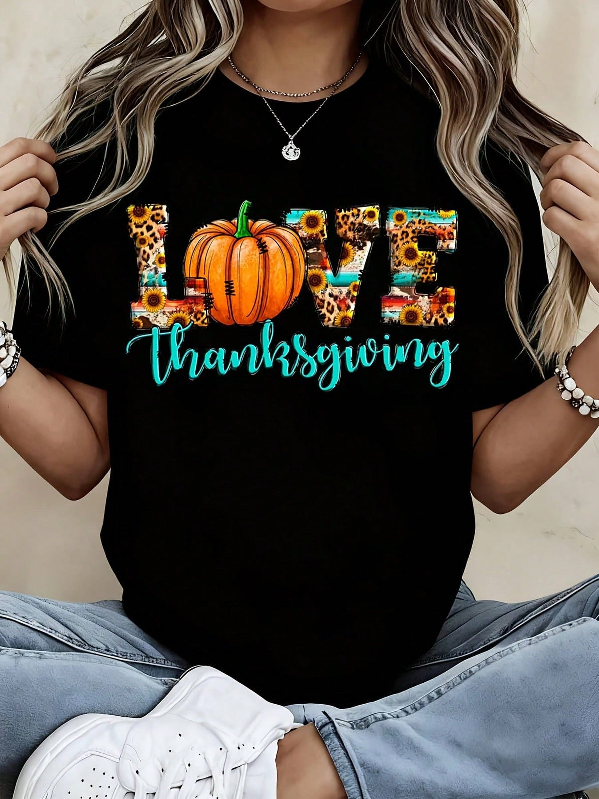Thanksgiving T Shirt Black Leopard Sunflower Pumpkin Love Print Top For Autumn Holiday Party Daily Wear