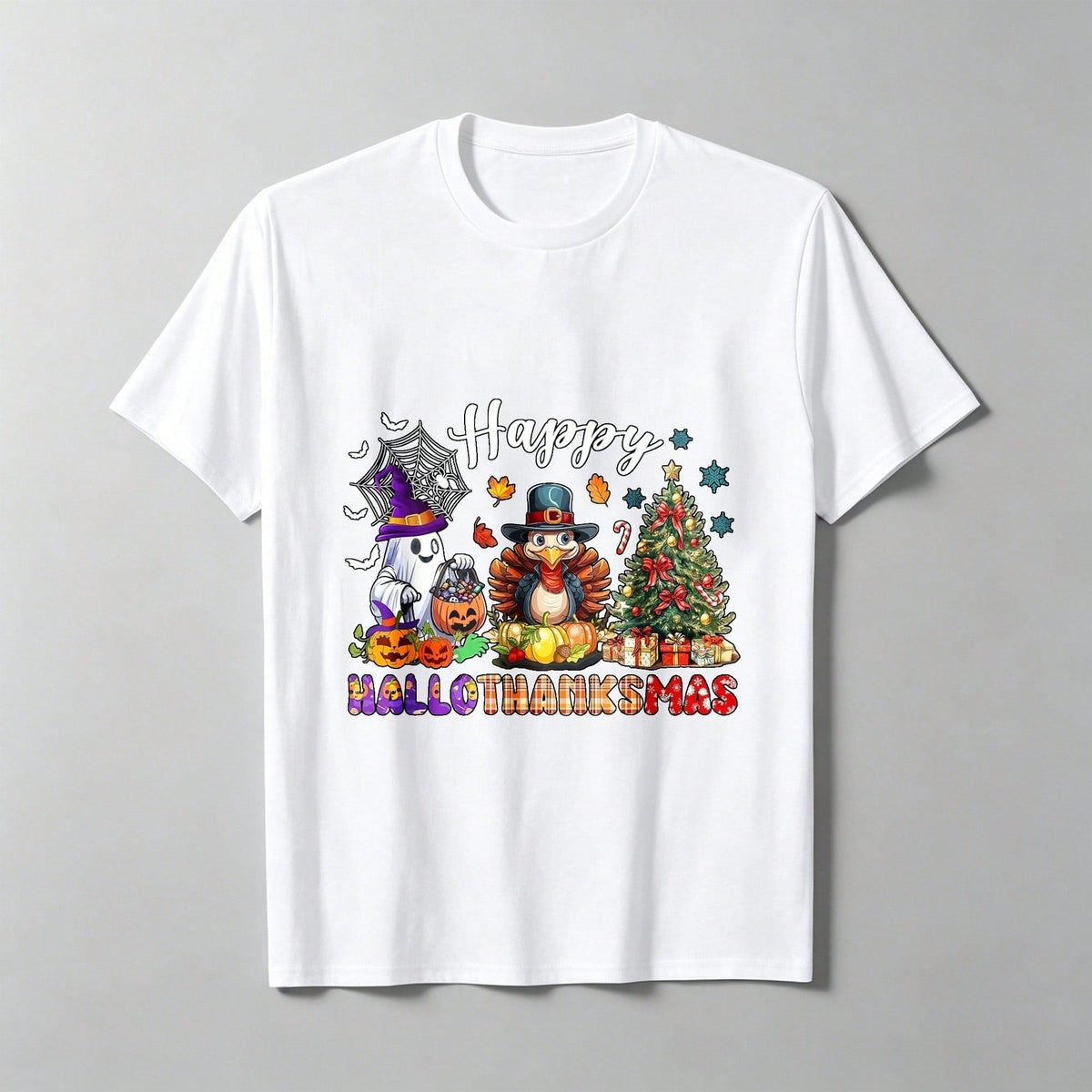 Women's Happy Halloween And Thanksgiving T-Shirt, Breathable, Casual, Suitable As A Gift For Colleagues And For Holiday Parties.