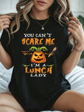 Funny Halloween Lunch Lady Pumpkin Graphic T-Shirt, Womens Cafeteria Worker Novelty Tee