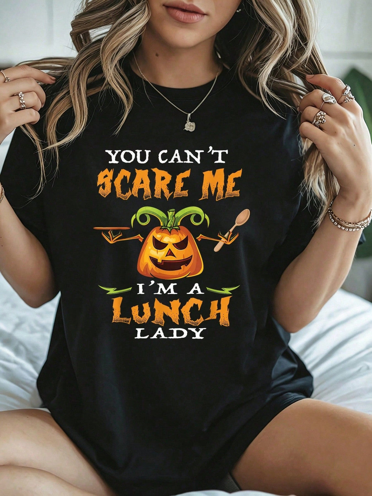 Funny Halloween Lunch Lady Pumpkin Graphic T-Shirt, Womens Cafeteria Worker Novelty Tee
