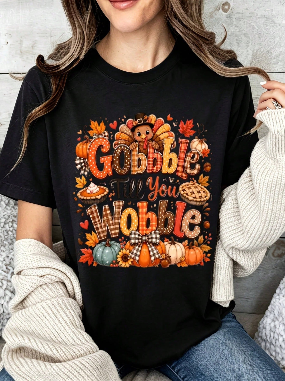 Women Casual Thanksgiving T Shirt White Gobble Till You Wobble Turkey Pumpkin Pie Print Top For Autumn Holiday Party Gift