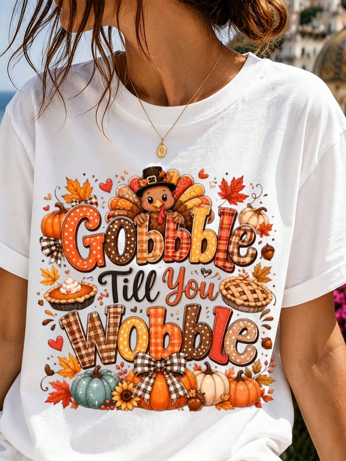Women Casual Thanksgiving T Shirt White Gobble Till You Wobble Turkey Pumpkin Pie Print Top For Autumn Holiday Party Gift