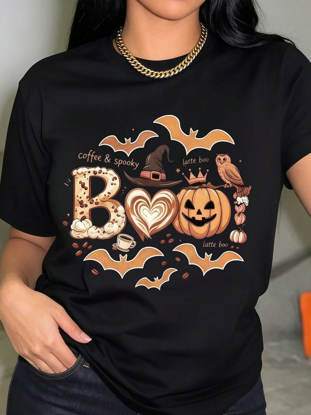 Women Clothes Halloween Coffee Pumpkin Print Black TShirt, Cute Casual Crew Neck Summer Top