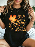 Fall For Jesus He Never Leaves Knitted Tee Casual Round Neck T-Shirt For Women Autumn Outfits