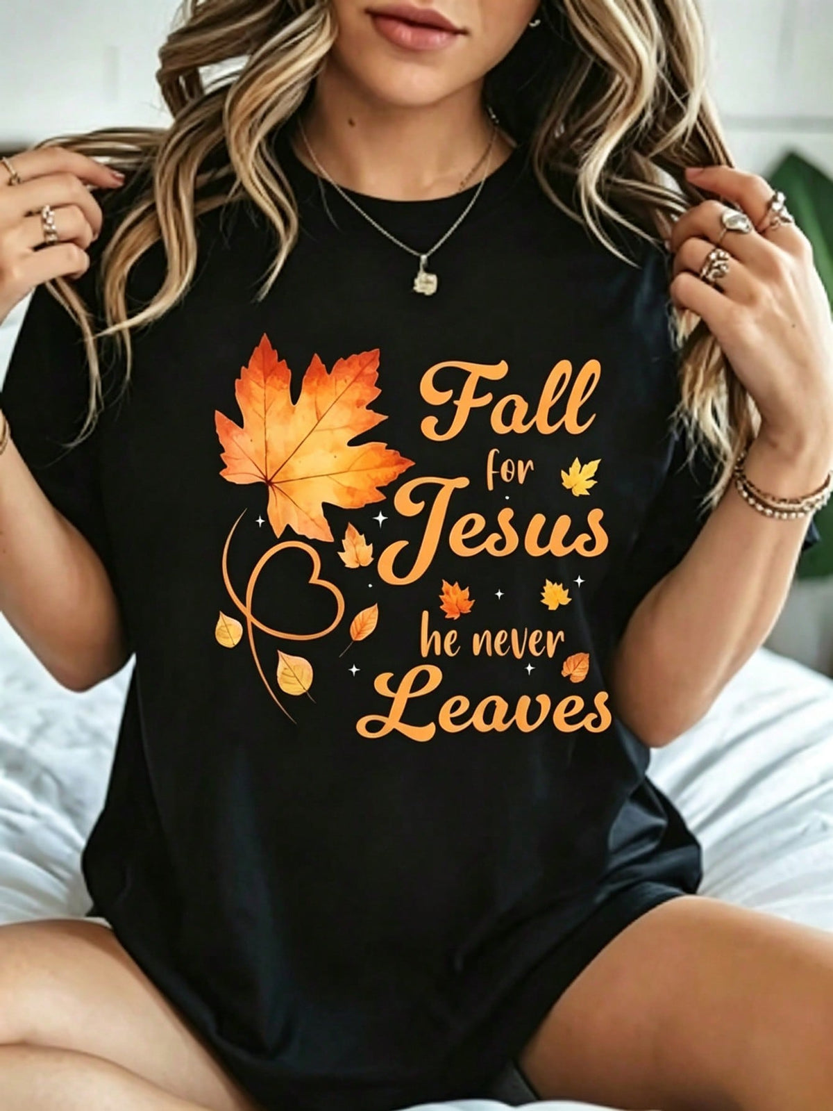 Fall For Jesus He Never Leaves Knitted Tee Casual Round Neck T-Shirt For Women Autumn Outfits