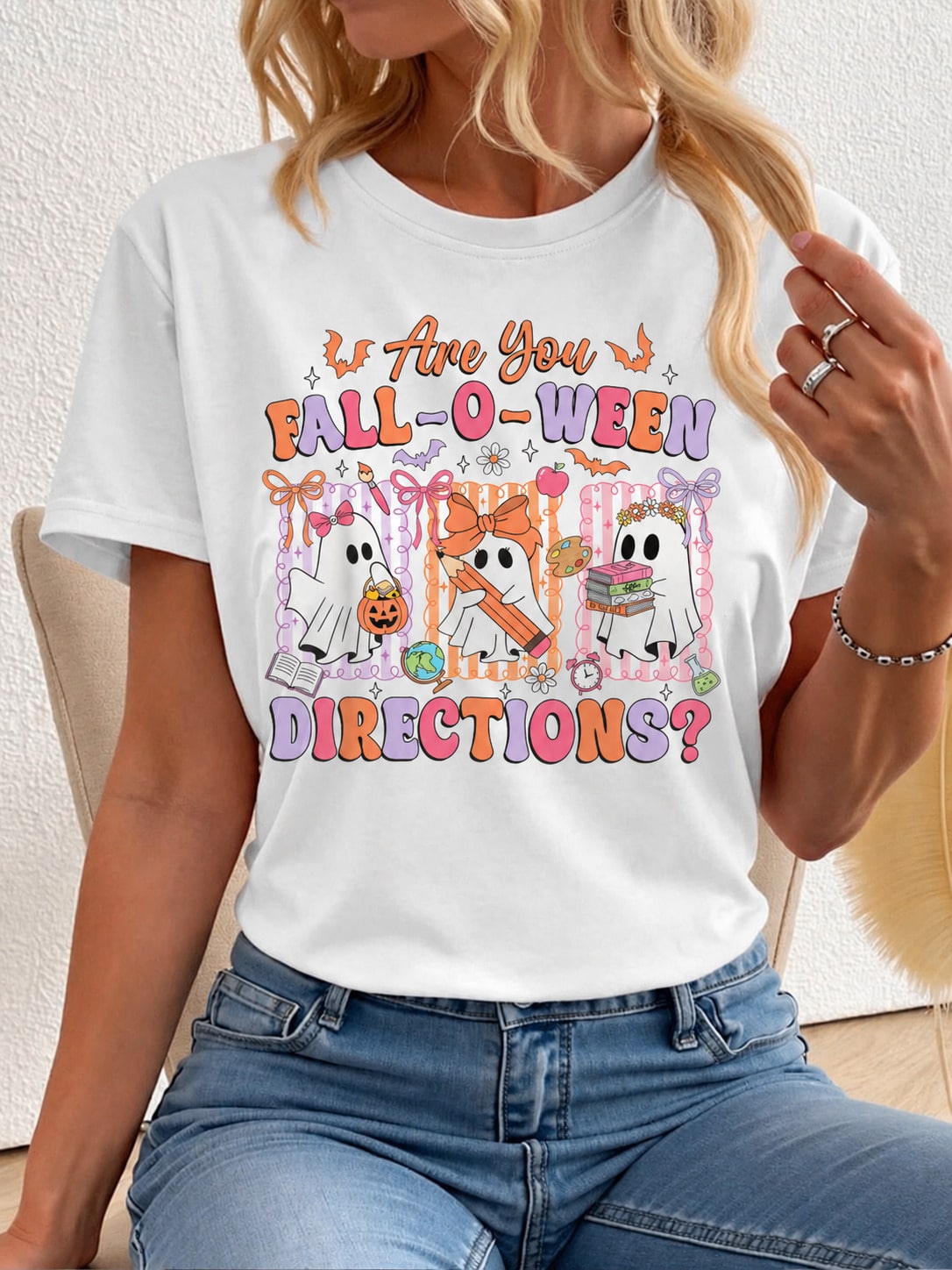Halloween Are You FallOWeen Directions Funny Ghost Pumpkin Halloween TShirt Women'Casual Short Sleeve Crew Neck T-Shirts
