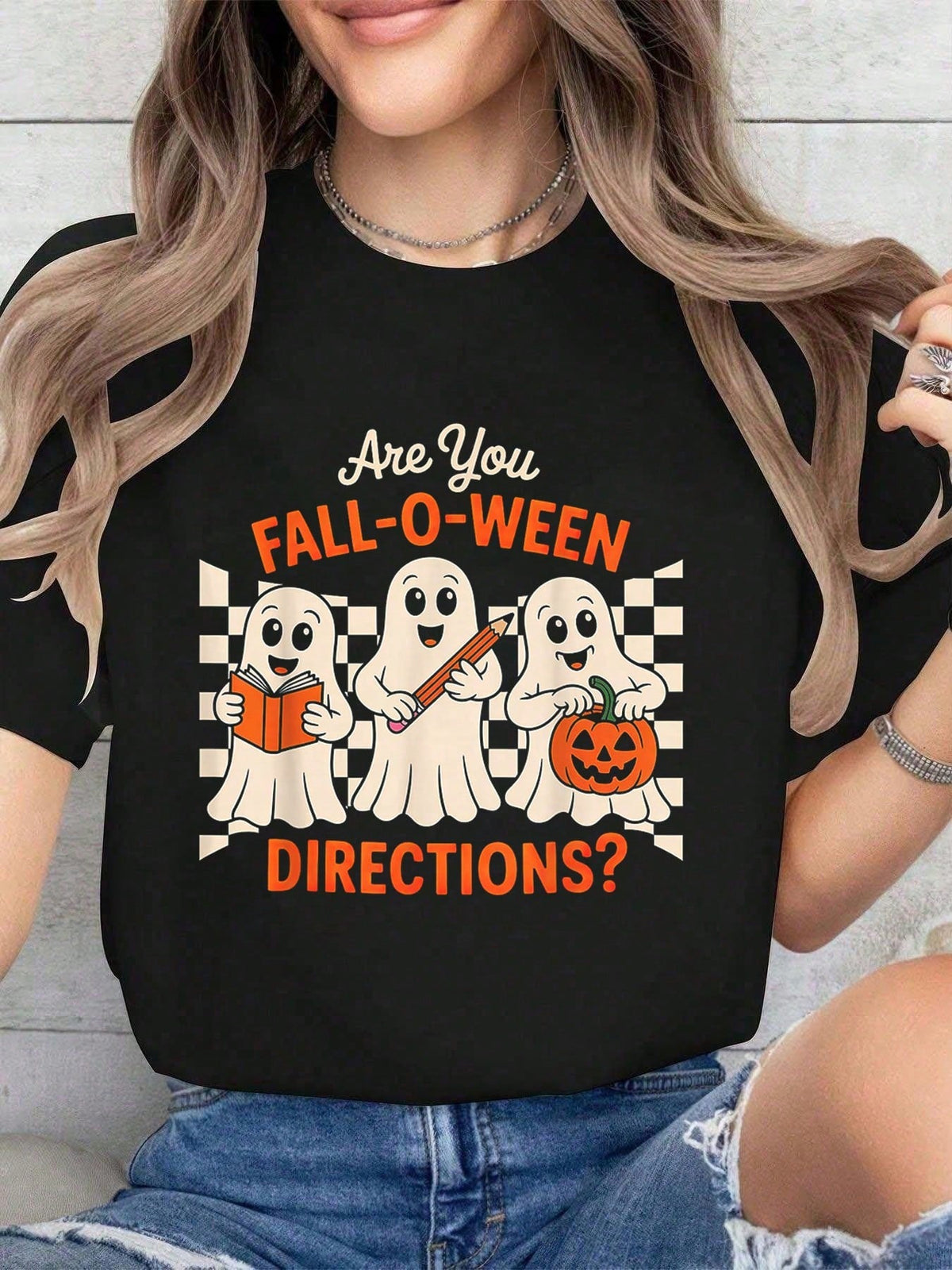 Halloween Are You FallOWeen Directions Funny Ghost Pumpkin Halloween TShirt Women'Casual Short Sleeve Crew Neck T-Shirts