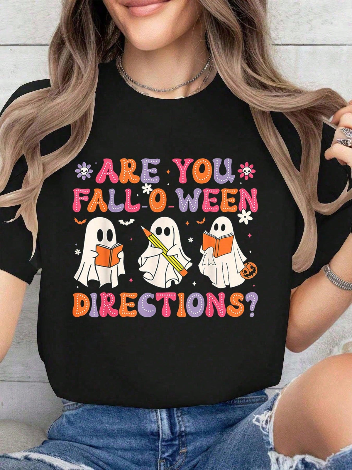 Halloween Are You FallOWeen Directions Funny Ghost Pumpkin Halloween TShirt Women'Casual Short Sleeve Crew Neck T-Shirts