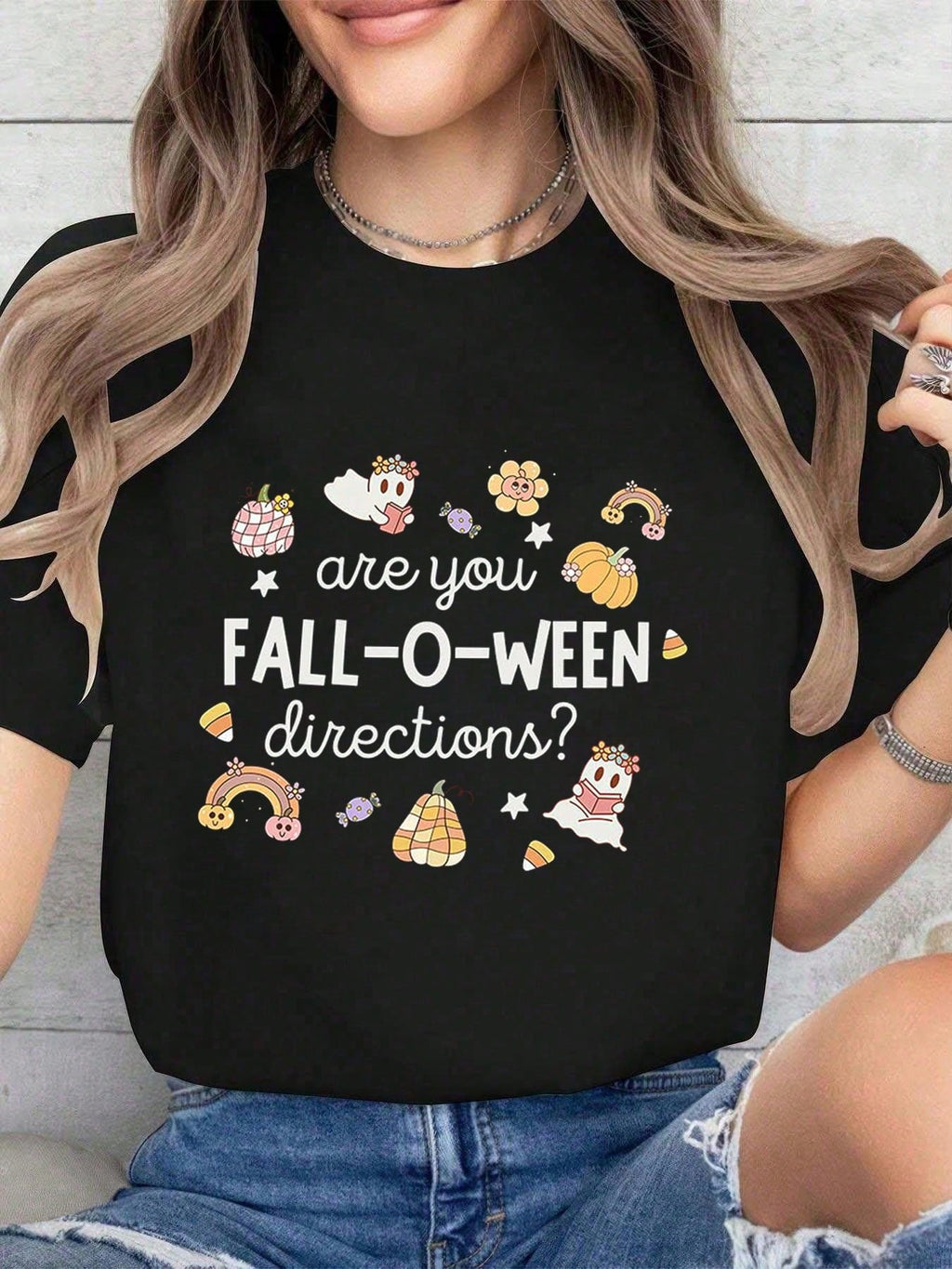 Halloween Are You FallOWeen Directions Funny Ghost Pumpkin Halloween TShirt Women'Casual Short Sleeve Crew Neck T-Shirts