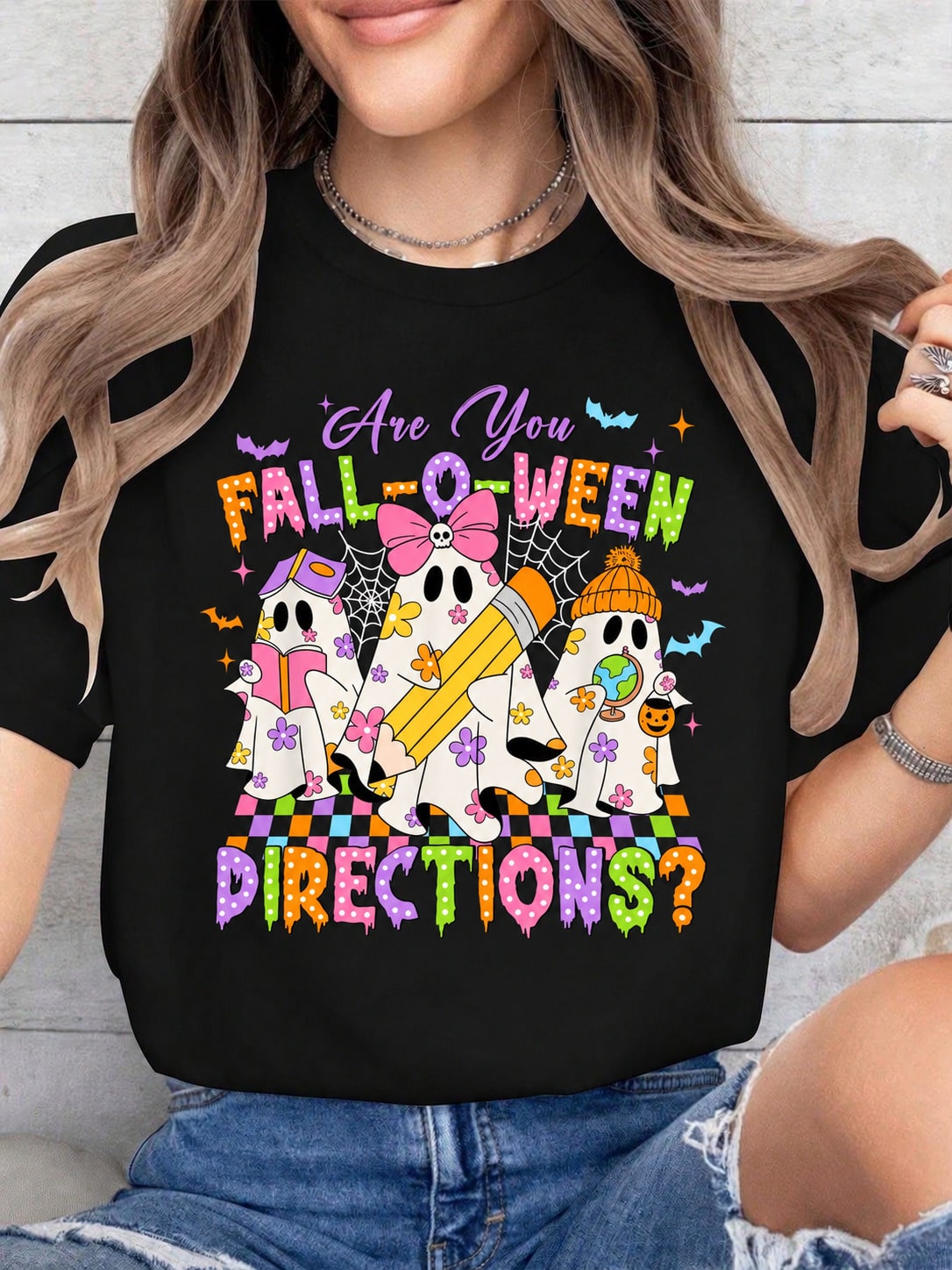 Halloween Are You FallOWeen Directions Funny Ghost Pumpkin Halloween TShirt Women'Casual Short Sleeve Crew Neck T-Shirts