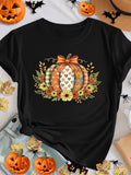 Women's Plaid Patchwork Pumpkin Floral Graphic T-Shirt, Fall Autumn Short Sleeve Crew Neck Tee, Thanksgiving Harvest Top