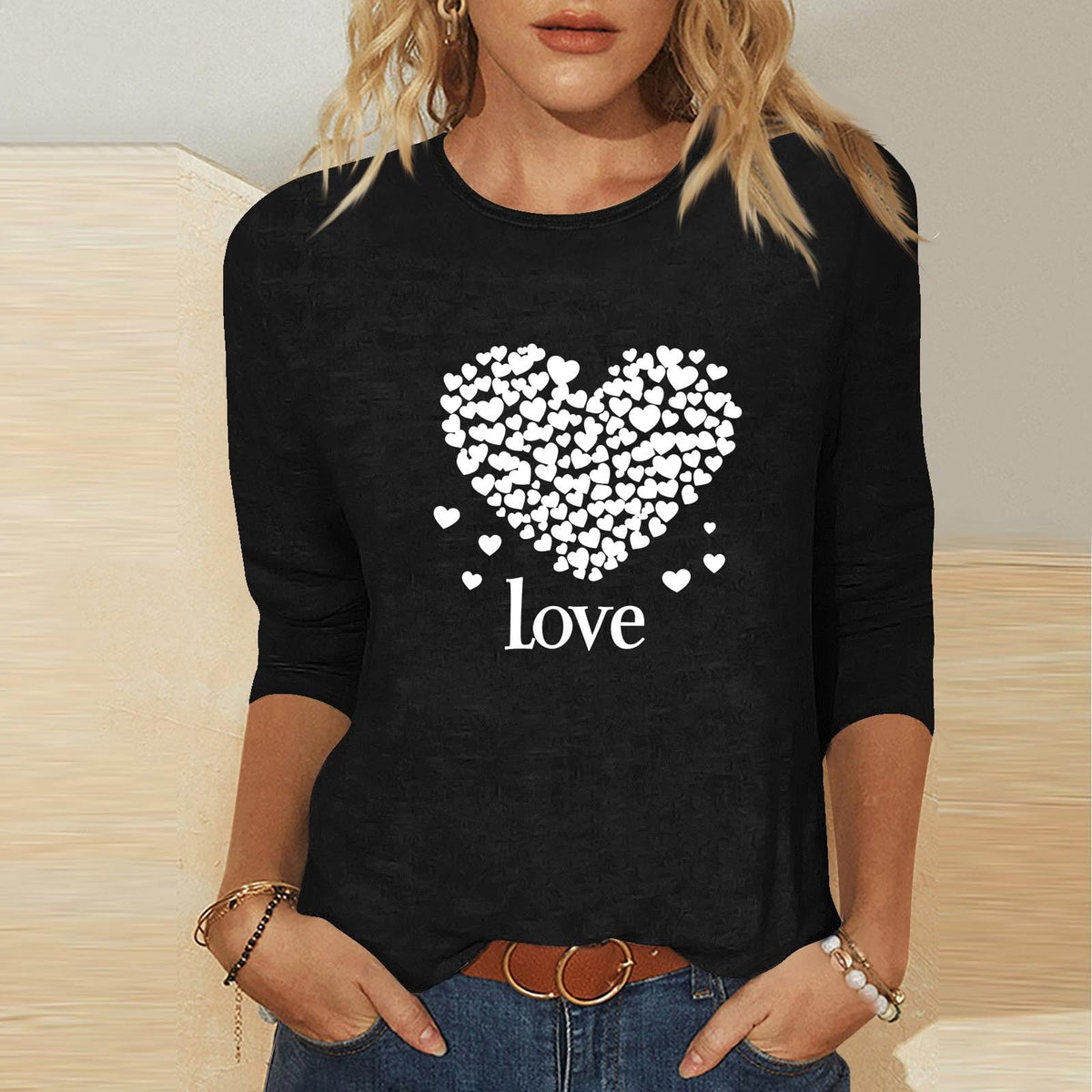mihongmao Tee Shirts for Women Graphic Crewneck Women's Valentine's Day Printed 3/4 Sleeve Fashionable Round Neck Black S