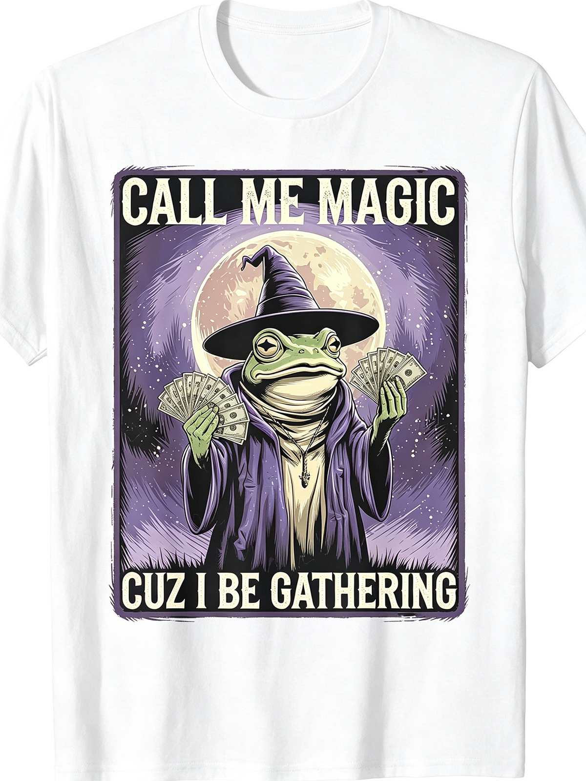 Women's Wizard Frog Money Graphic T-Shirt, Vintage Retro Short Sleeve Crewneck Tee, Funny Magical Frog Printed Top for Casual Outfit
