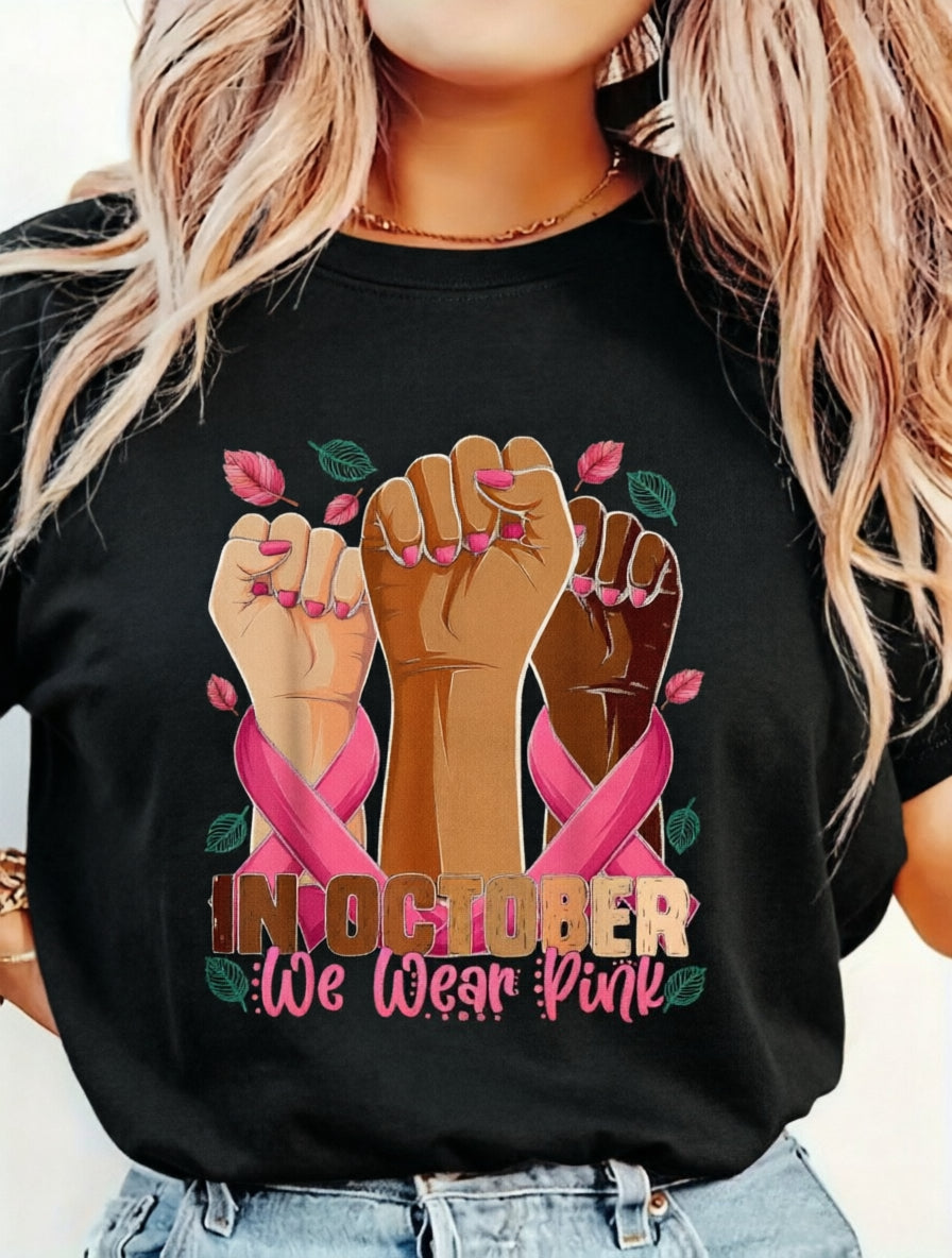 In October We Wear Pink Breast Cancer Awareness Print Short Sleeve Tee Top