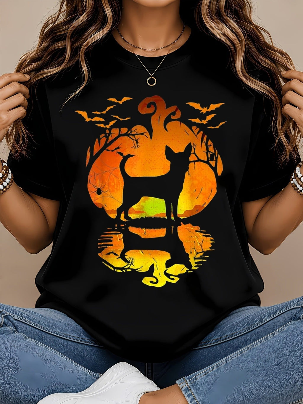 Chihuahua Halloween Graphic T-Shirt, Pumpkin Moon Bat Silhouette Short Sleeve Casual Fall Tee