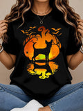 Chihuahua Halloween Graphic T-Shirt, Pumpkin Moon Bat Silhouette Short Sleeve Casual Fall Tee