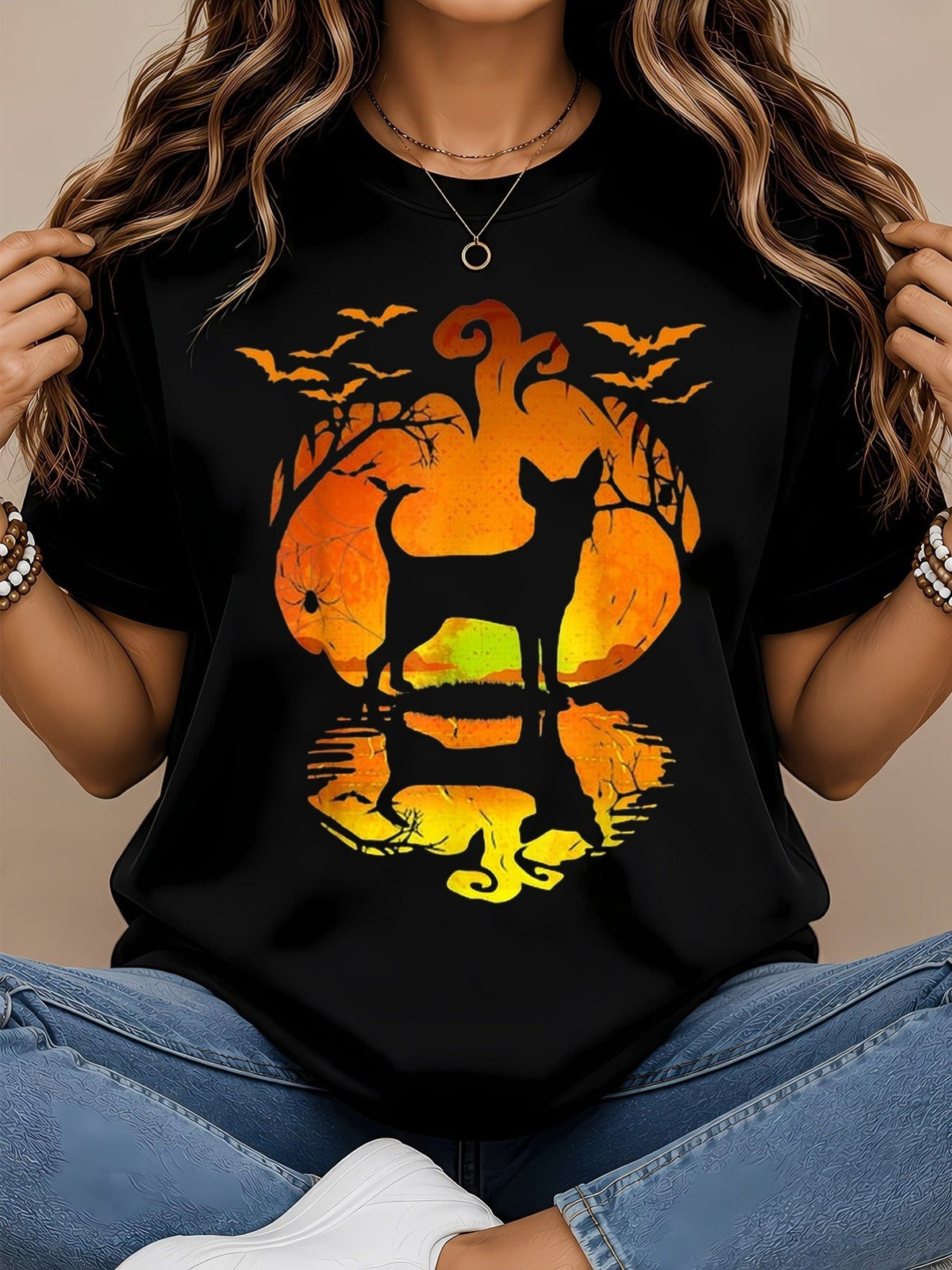 Chihuahua Halloween Graphic T-Shirt, Pumpkin Moon Bat Silhouette Short Sleeve Casual Fall Tee