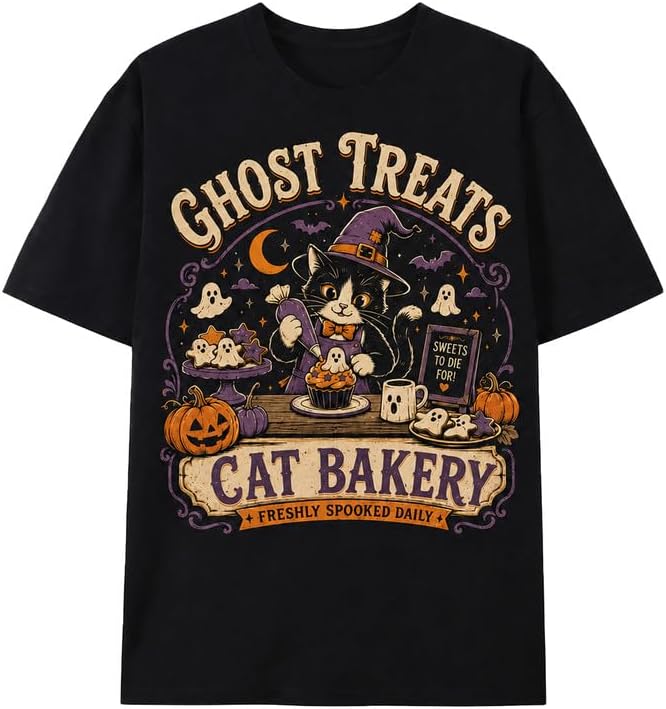 Greenink Halloween Shirts Cat Bakery Graphic 100% Cotton Spooky Season Tee