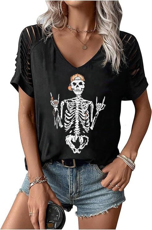 Womens Fall Halloween Thanksgiving V Neck Shirt Vintage Short Sleeve Western Shirts Cut Out Cold Shoulder T Shirts