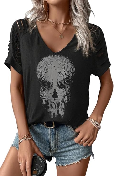 Womens Fall Halloween Thanksgiving V Neck Shirt Vintage Short Sleeve Western Shirts Cut Out Cold Shoulder T Shirts