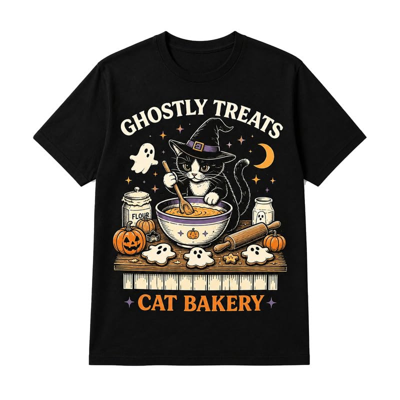 Greenink Halloween Shirts Cat Bakery Graphic 100% Cotton Spooky Season Tee