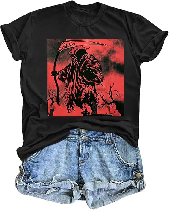 Womens Funny Printed Shirts Halloween Short Sleeve Graphic Tees Fall T-Shirts Terrifying Vintage Tops