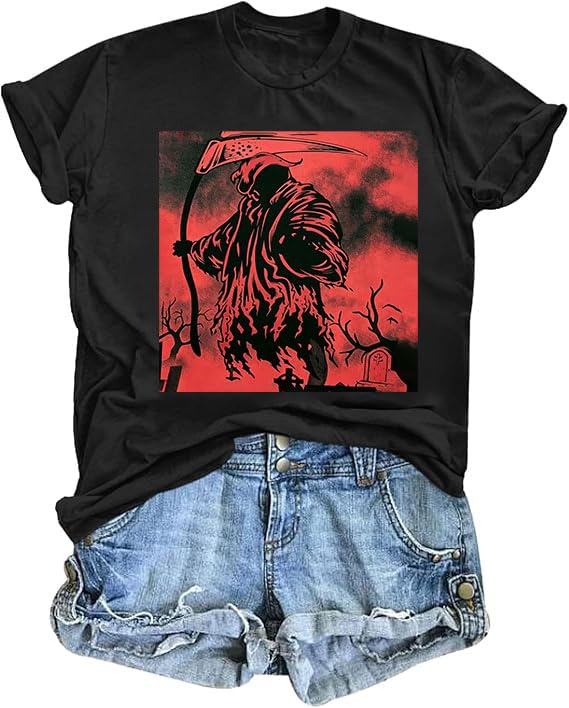 Womens Funny Printed Shirts Halloween Short Sleeve Graphic Tees Fall T-Shirts Terrifying Vintage Tops