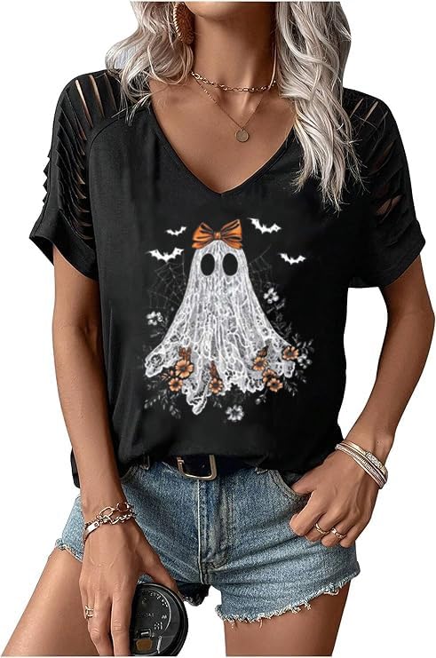 Womens Fall Halloween Thanksgiving V Neck Shirt Vintage Short Sleeve Western Shirts Cut Out Cold Shoulder T Shirts