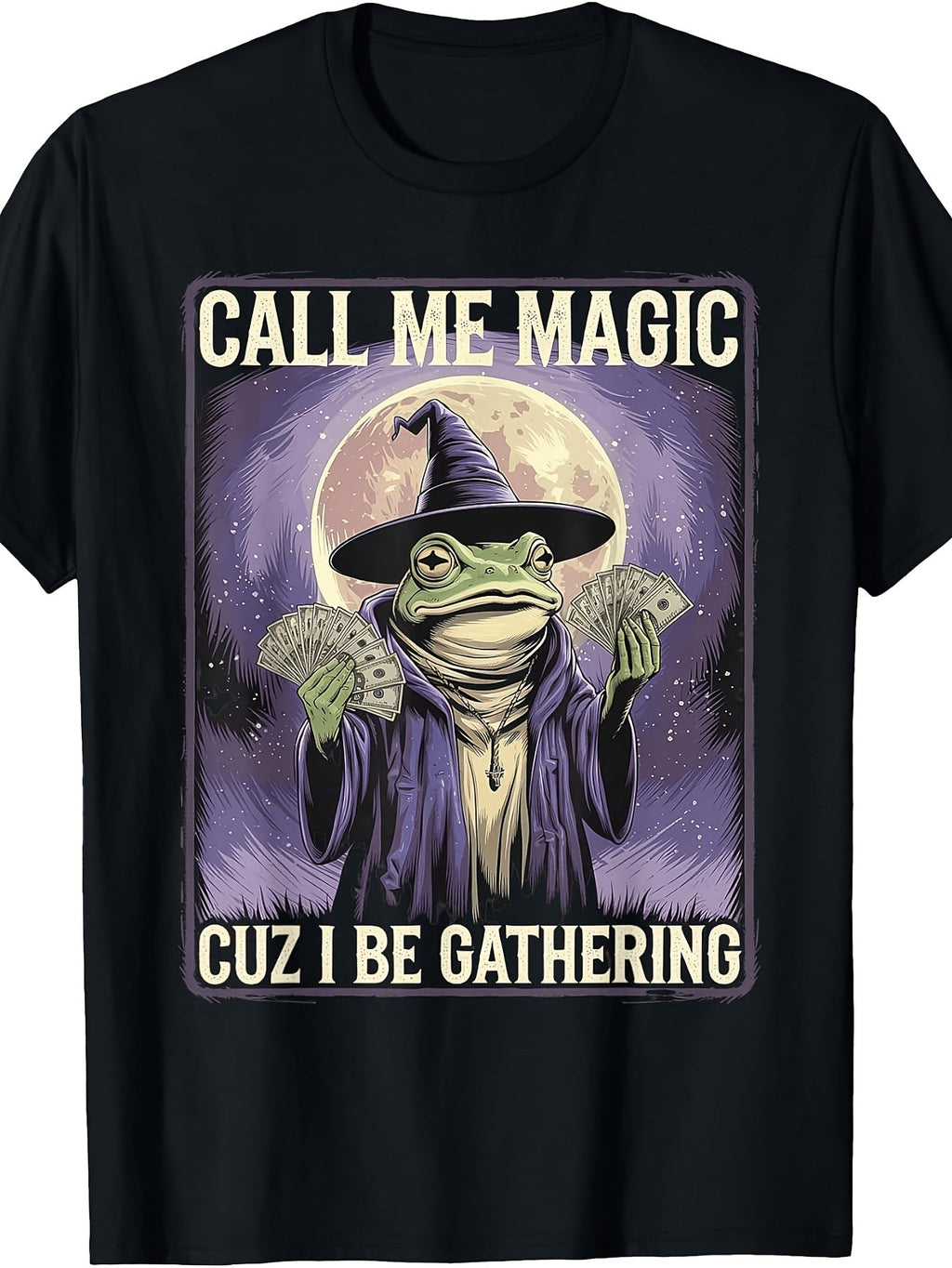 Women's Wizard Frog Money Graphic T-Shirt, Vintage Retro Short Sleeve Crewneck Tee, Funny Magical Frog Printed Top for Casual Outfit