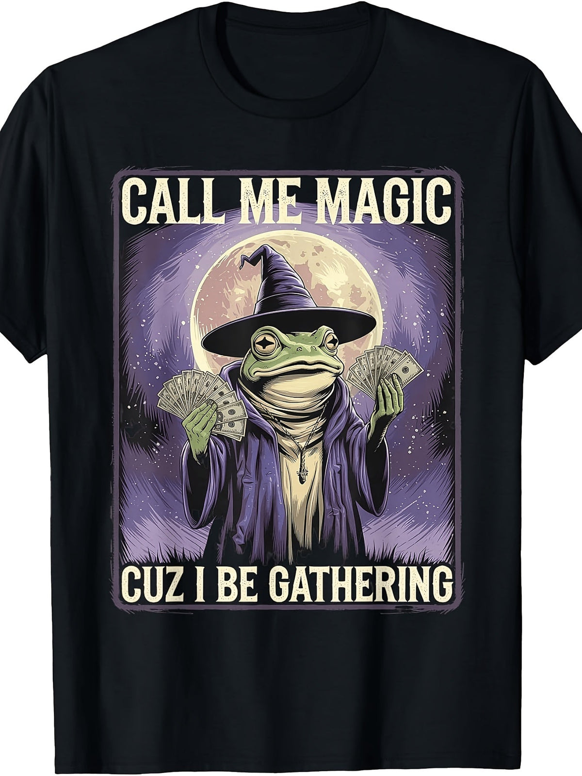 Women's Wizard Frog Money Graphic T-Shirt, Vintage Retro Short Sleeve Crewneck Tee, Funny Magical Frog Printed Top for Casual Outfit