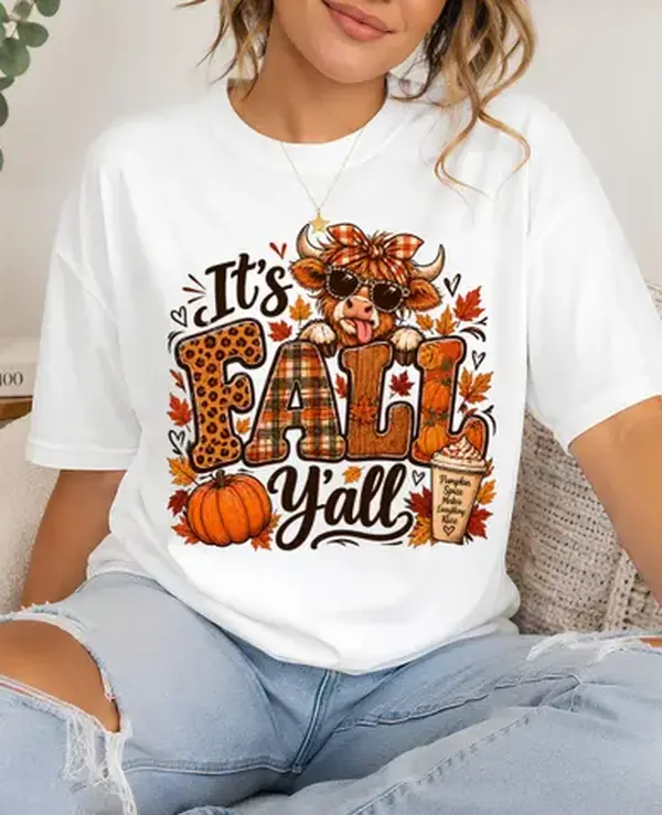 It's Fall Y'all Cow Pumpkin Graphic Tee , Thanksgiving Autumn Shirt