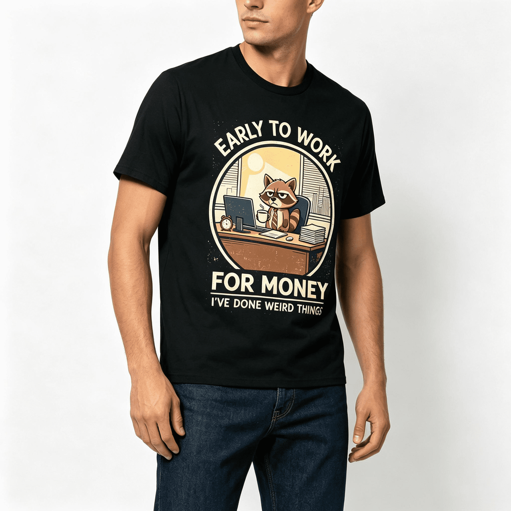 “Early To Work For Money” Raccoon Office T-Shirt – Funny Sarcastic Work Humor Graphic Tee for Men Women, Casual Summer Top