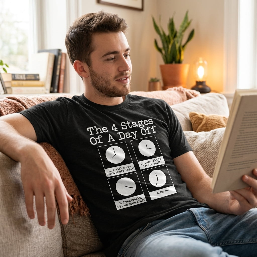 Mens The 4 Stages Of A Day Off T shirt Funny Lazy Procrastinate Office Humor Tee Graphic Tees