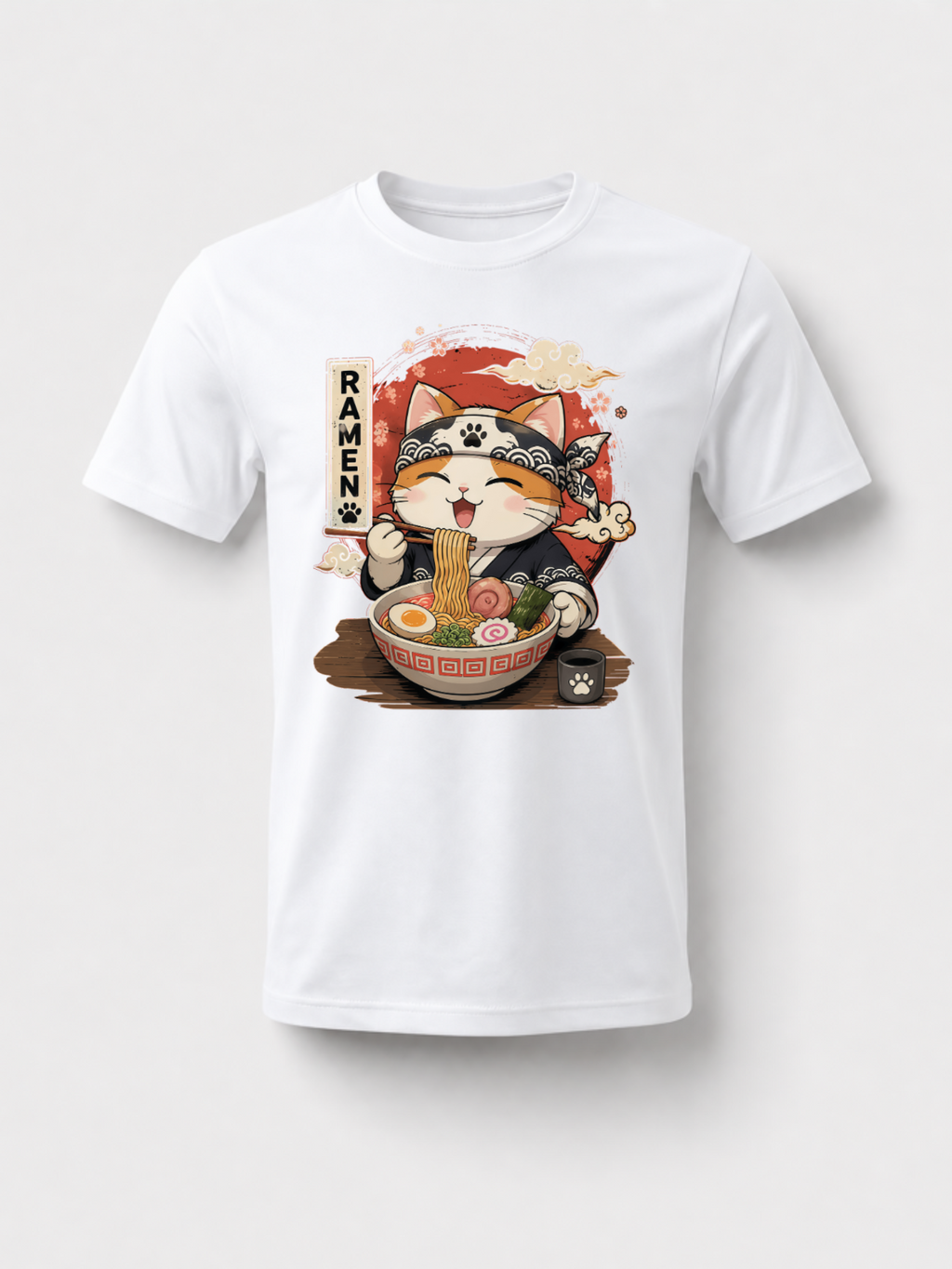[100% Cotton] Trendy Graphic Funny T-Shirt - Funny Cat Ramen Graphic Tee Japanese Kawaii Anime Cat T-Shirt - Men Women Loose Sports T-Shirt Golf Gift T-Shirt For Men And Women