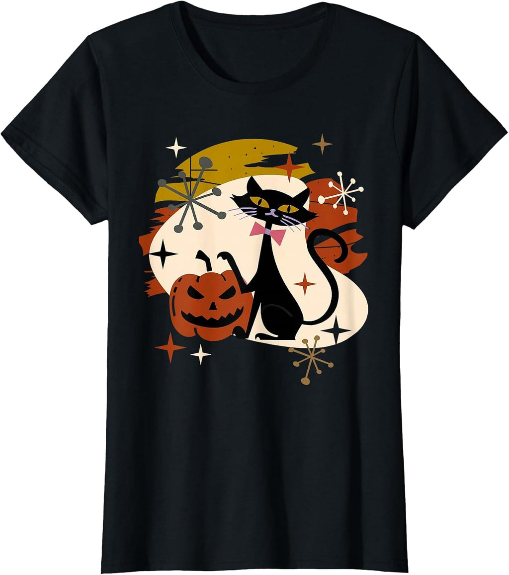 Black Cat and Pumpkin Atomic Retro Halloween T-Shirt